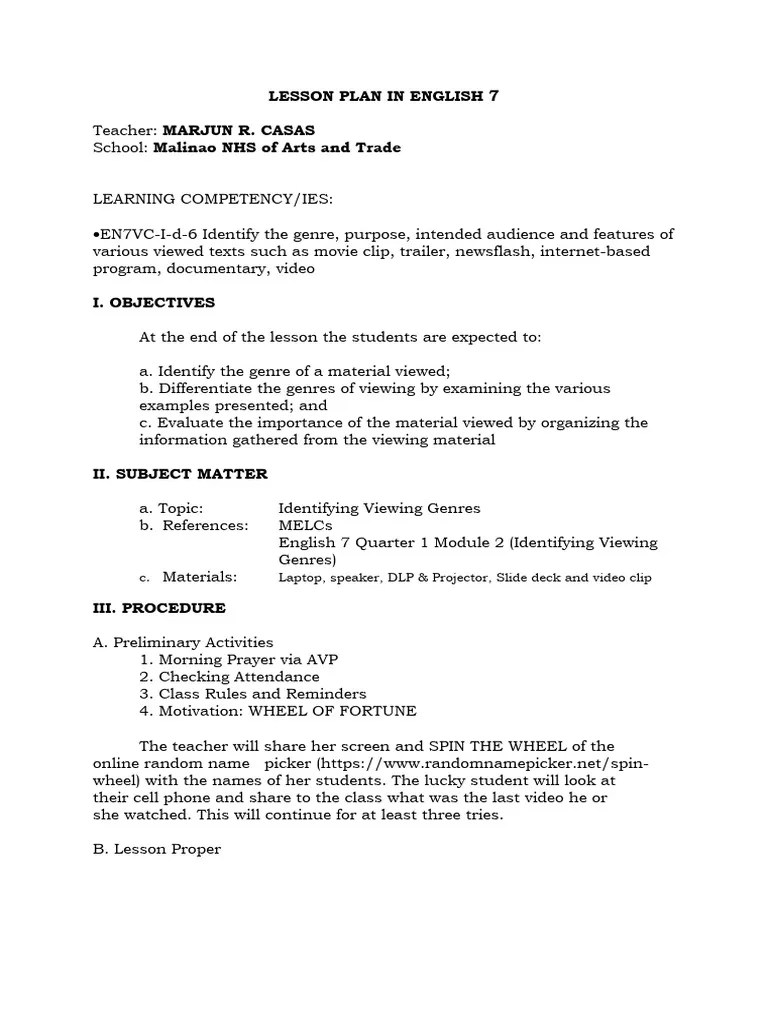 Grade 7 - Lesson Plan 5 | PDF | Genre | Teachers