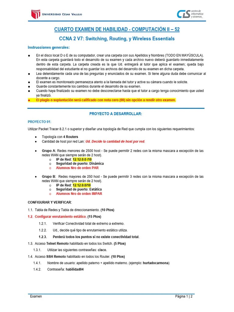 2024-00 Ene CII-52 CCNA2 - Cuarto Examen Habilidad | PDF | Enrutador ...