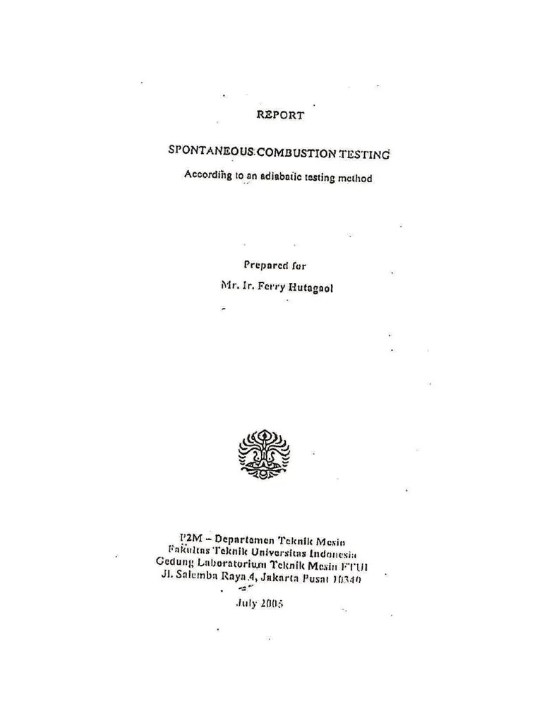 Spontaneous Combustion Testing Report By Dept Teknik Mesin - UI | PDF