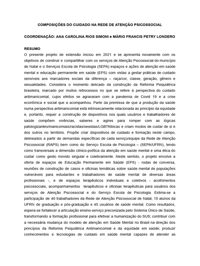 Composições Do Cuidado Na Rede De Atenção Psicossocial 2024 | PDF ...