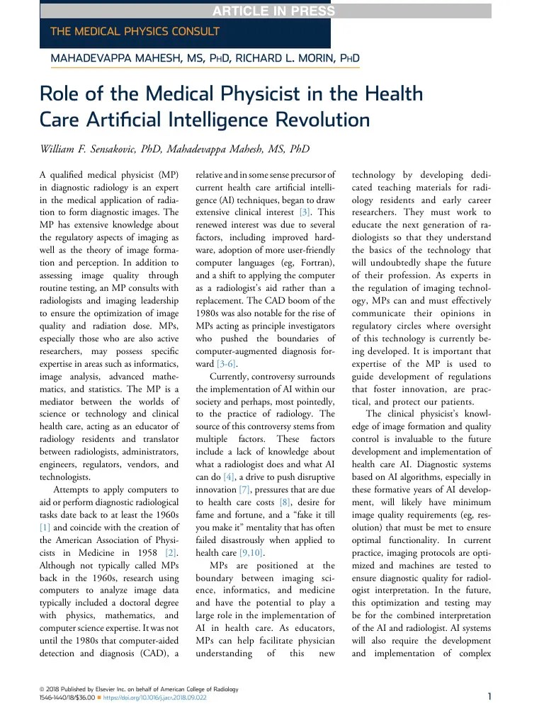 Role Of The Medical Physicist In The Health Care AI Revolution | Download Free PDF | Radiology ...