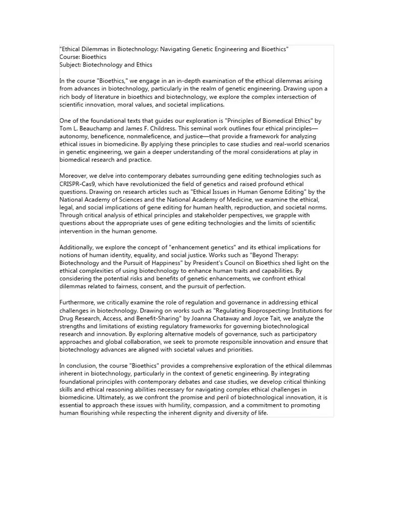 Ethical Dilemmas In Biotechnology | PDF | Bioethics