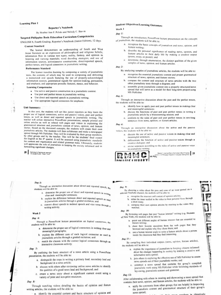 Sample English Learning Plan | PDF