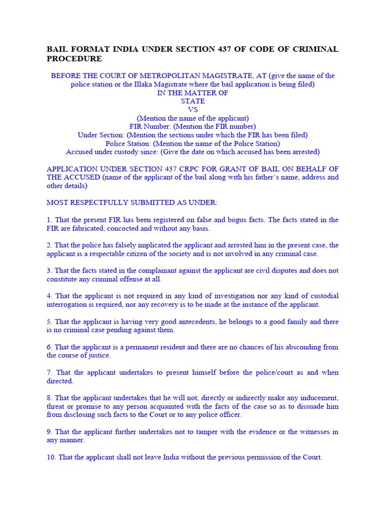 Bail Format India Under Section 437 Of Code Of Criminal Procedure | Download Free PDF | Bail ...