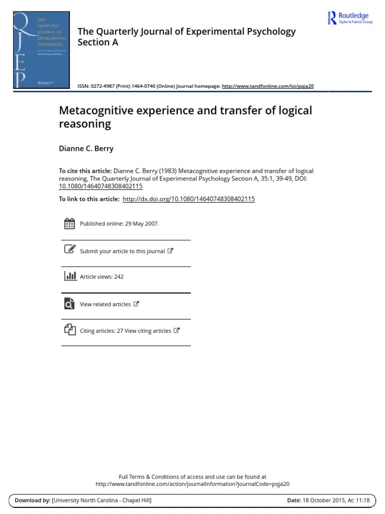 Metacognitive Experience And Transfer Of Logical Reasoning | PDF ...
