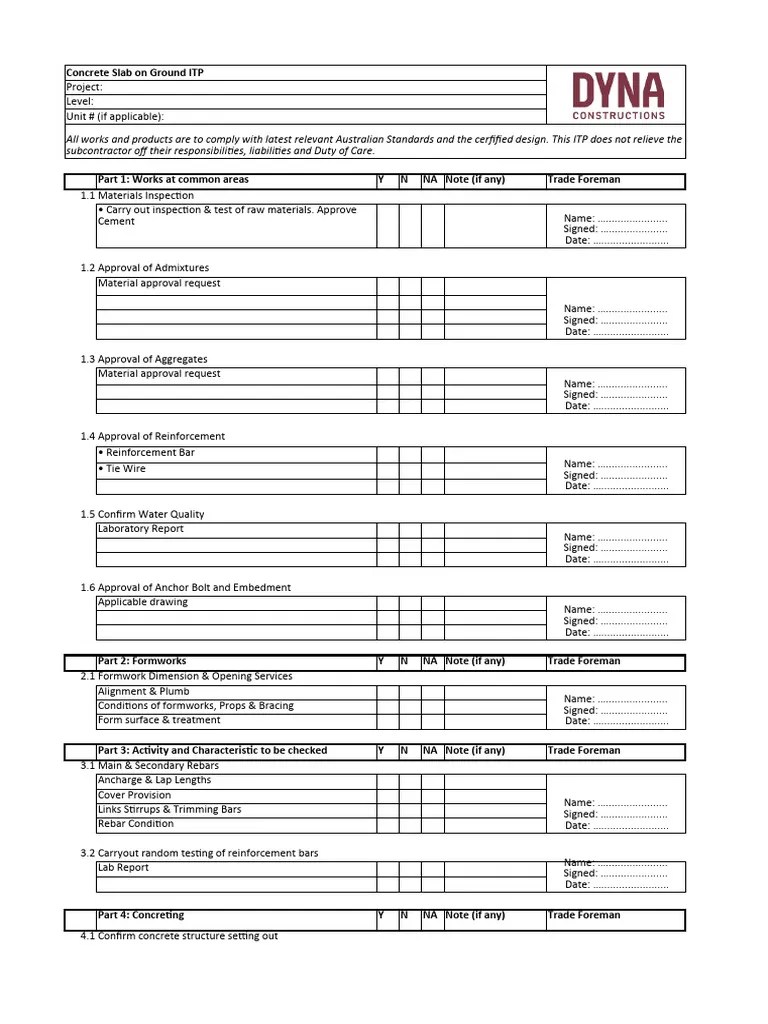 Concrete Slab On Ground ITP Temeplate | PDF | Concrete | Building ...