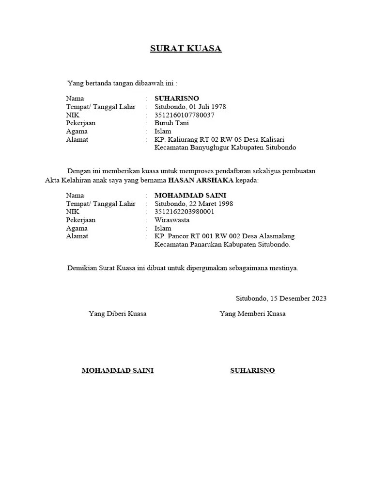 Surat Kuasa Pembuatan Akta Kelahiran | PDF