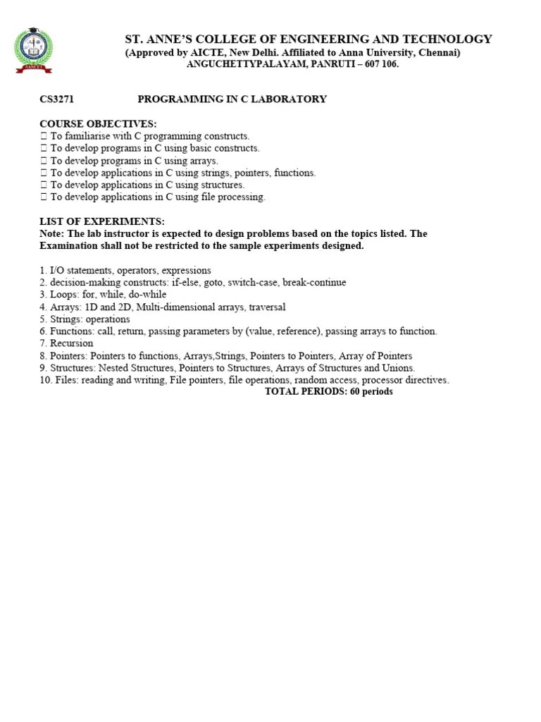Cs3271 Programming In C Laboratory | PDF | Pointer (Computer ...