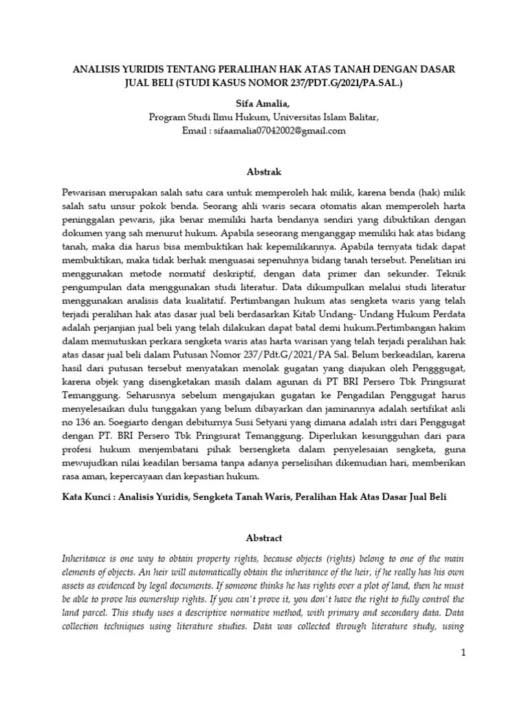 Analisis Yuridis Tentang Peralihan Hak Atas Tanah Dengan Dasar Jual Beli | PDF