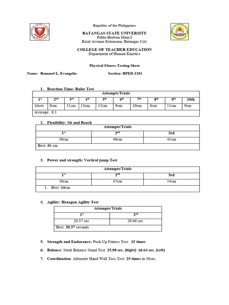 Physical Fitness Testing Sheet Edited | PDF
