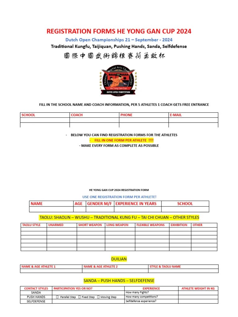 Registration Forms Martial Arts He Yong Gan Cup 2024 Championships | PDF | Chinese Martial Arts ...