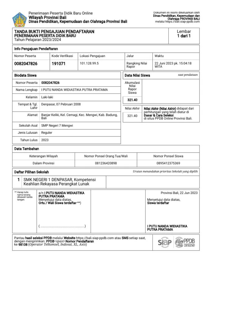 Tanda Bukti Pengajuan Pendaftaran - 0082047826 - I Putu Nanda Widiastika Putra Pratama | PDF