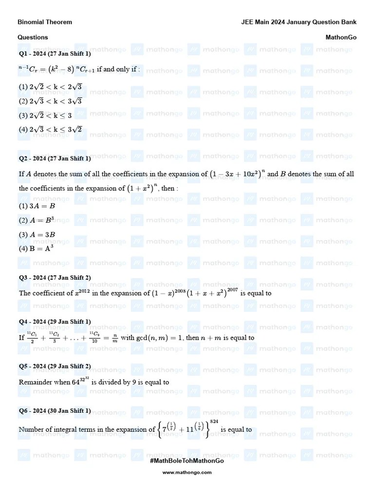 Binomial Theorem - JEE Main 2024 January Question Bank - MathonGo | PDF ...