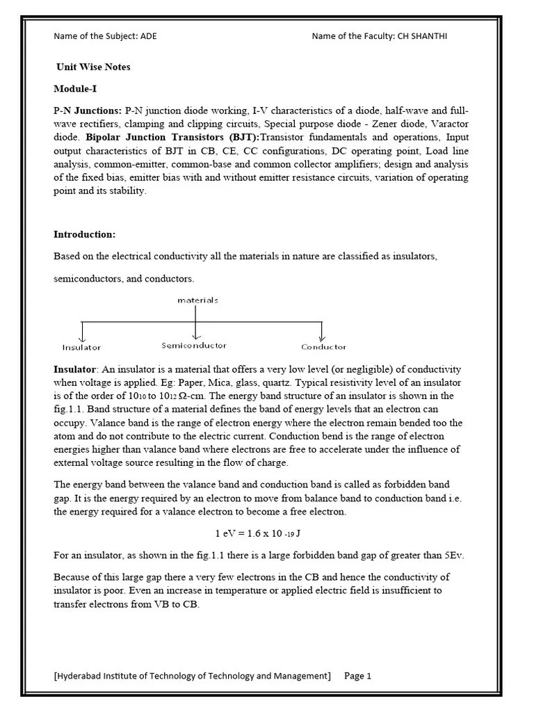 HR22 ADE Unit1 Notes Iot | PDF | P–N Junction | Diode