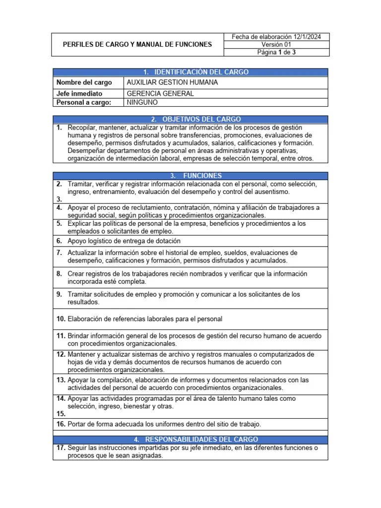 Perfil De Cargo - Auxiliar - RRHH | Descargar Gratis PDF | Gestión De Recursos Humanos | Economias