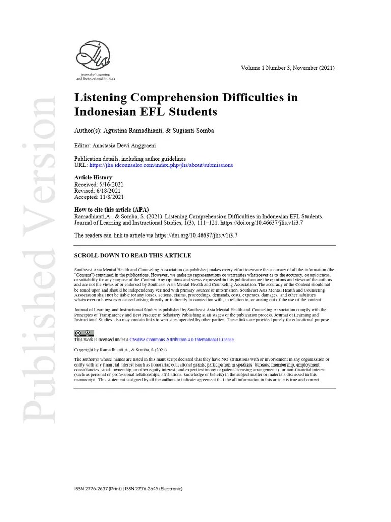 Listening Comprehension Difficulties In Indonesian EFL Students | PDF ...
