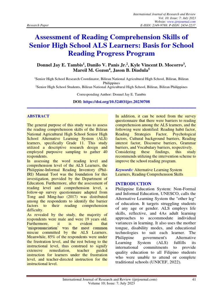 Assessment Of Reading Comprehension Skil | PDF | Reading Comprehension ...