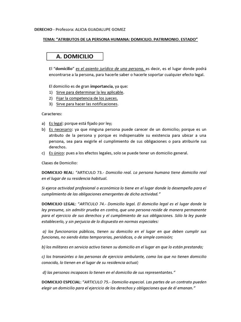 Atributos De La Persona Humana. Domicilio. Patrimonio. Estado | PDF