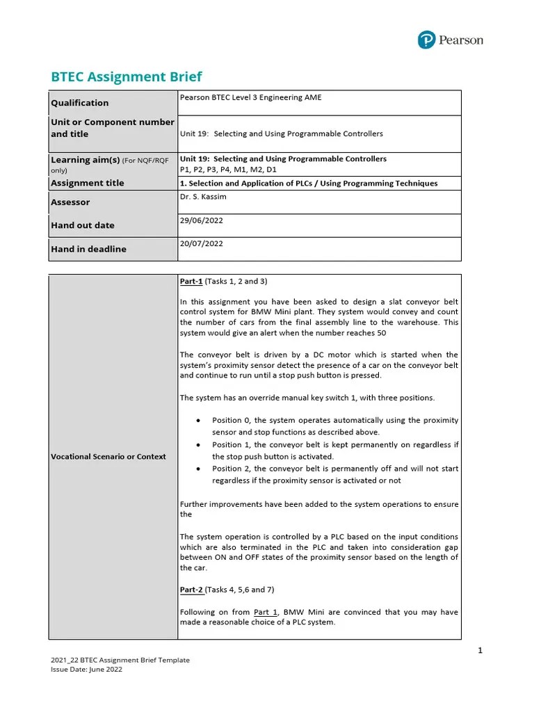 BTEC - PLC Assignment 1 - Unit 19 - 2021 - 22 - BTEC - Assignment - Brief | PDF