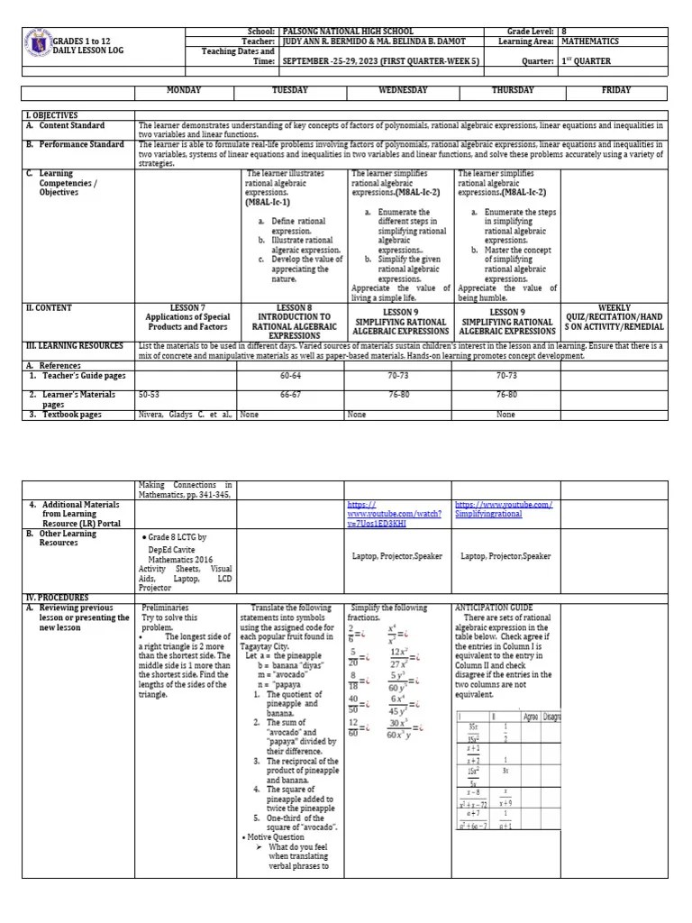 DLL - Math 8 - Q1 - W5 | PDF | Equations | Algebra
