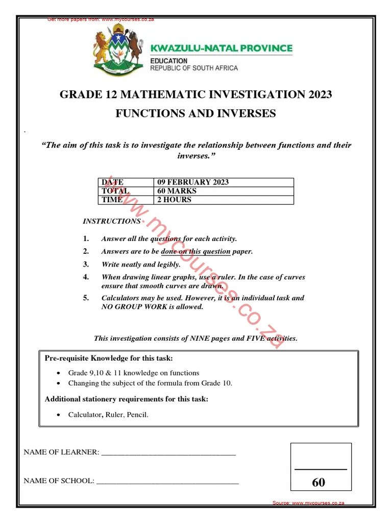 Grade 12 Investigation 2023 Inverse Functions | PDF | Logarithm ...