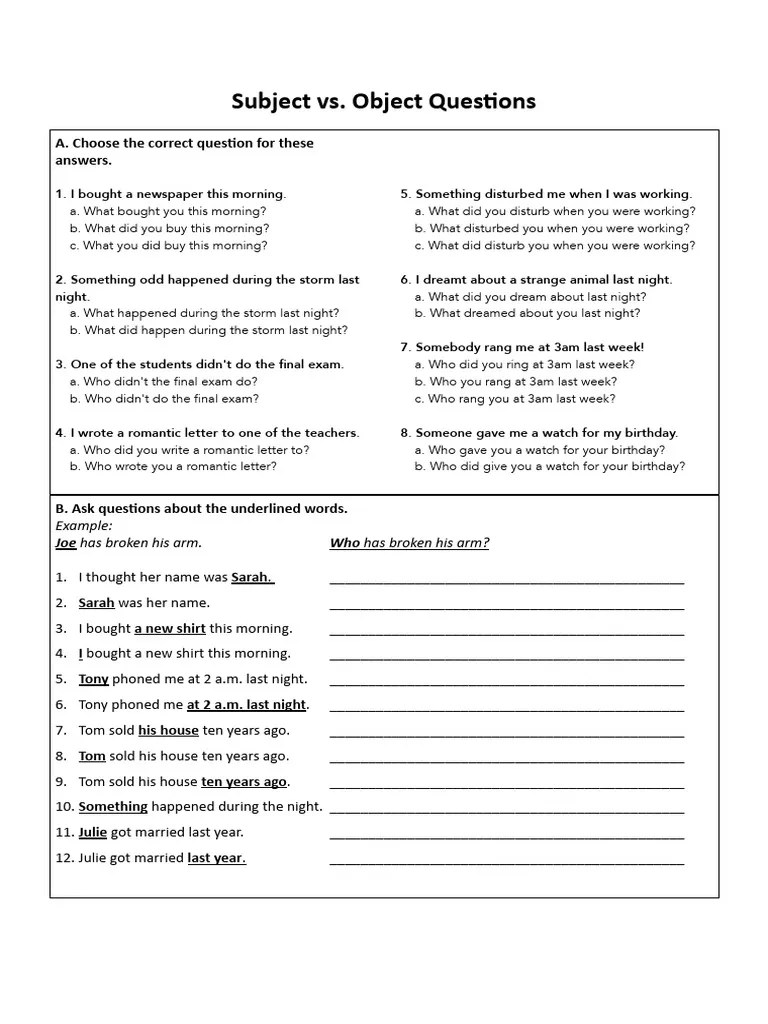 Subject Vs Object Questions Pdf