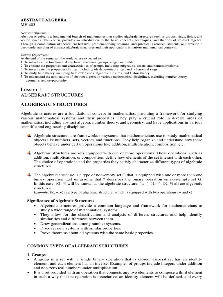 Lesson 1 Algebraic Structures | PDF | Field (Mathematics) | Group ...