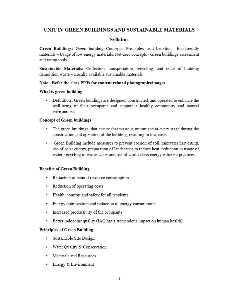 Unit Iv Green Buildings And Sustainable Materials Notes | PDF | Green ...