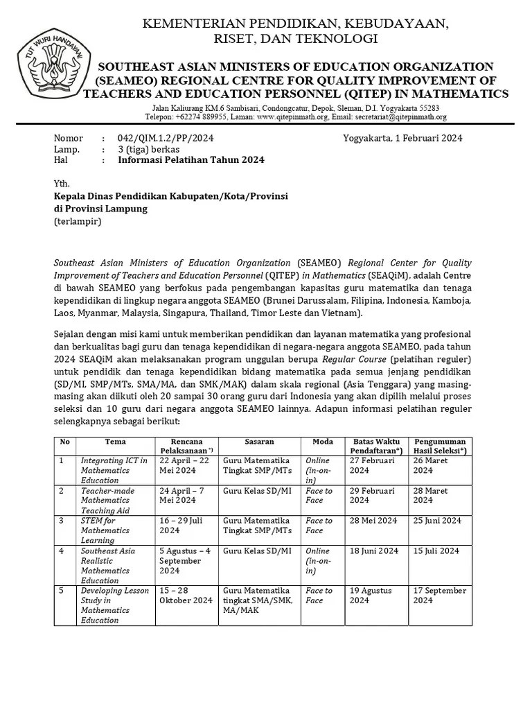 Surat Informasi Pelatihan 2024 - Prov. Lampung | PDF