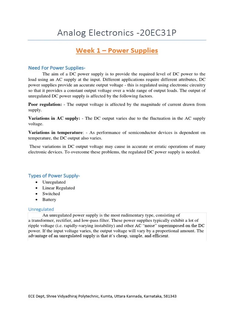 Week-1 Analog Electronics Notes And Experiments | PDF | Power Supply ...
