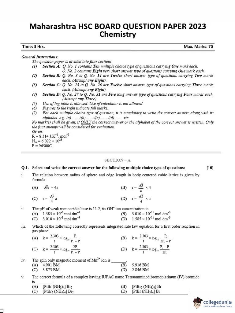 Maharashtra Board Class 12 Chemistry Question Paper 2023 | PDF ...