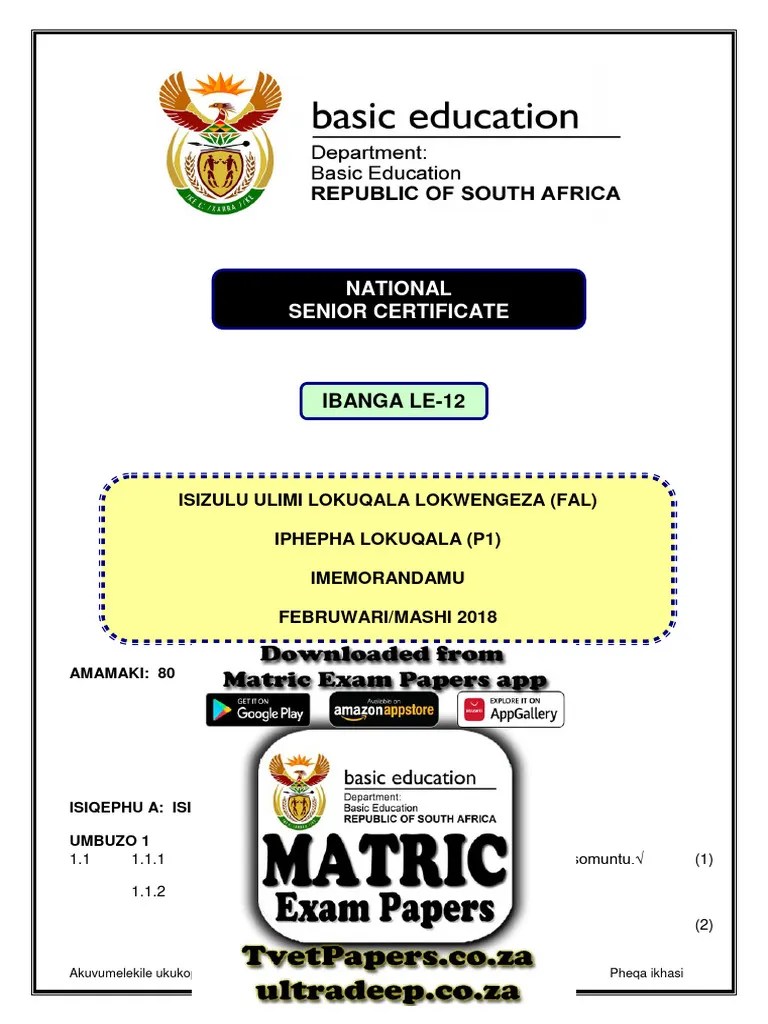 Isizulu Fal P1 Feb March 2018 Memo Pdf