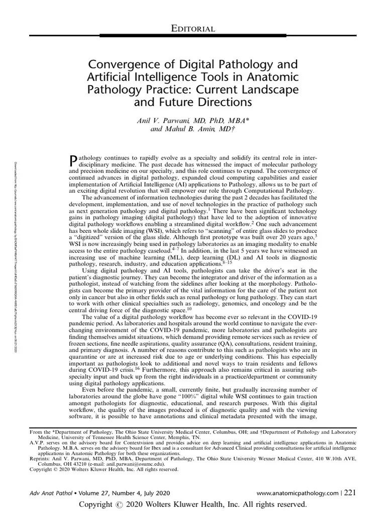 Convergence Of Digital Pathology And Artificial Intelligence Tools In Anatomic Pathology ...