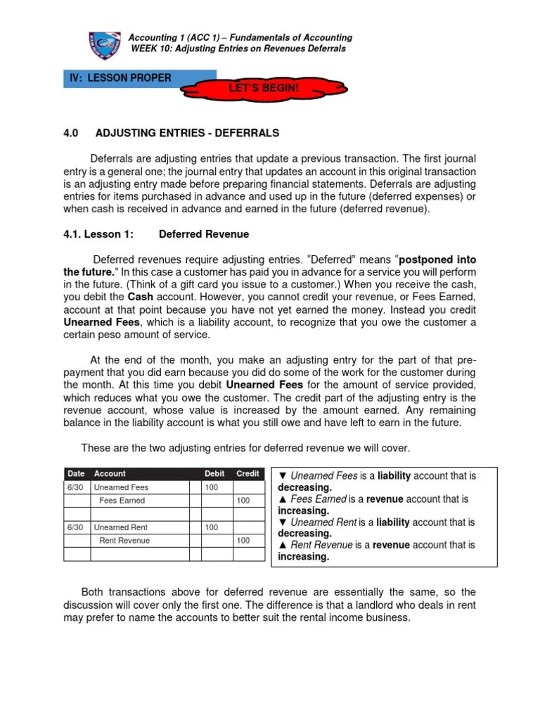 ACC 1 WK 10 Adjusting Entries On Revenue Deferrals | PDF | Debits And Credits | Deferral