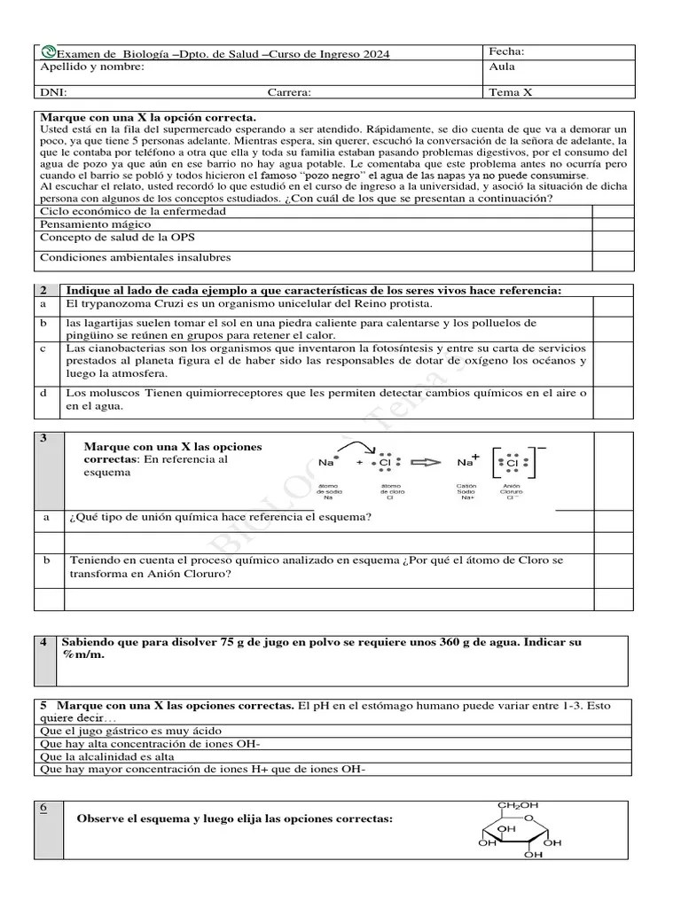 Modelo De Examen Biologia 2024 | PDF | Mitosis | Sacarosa