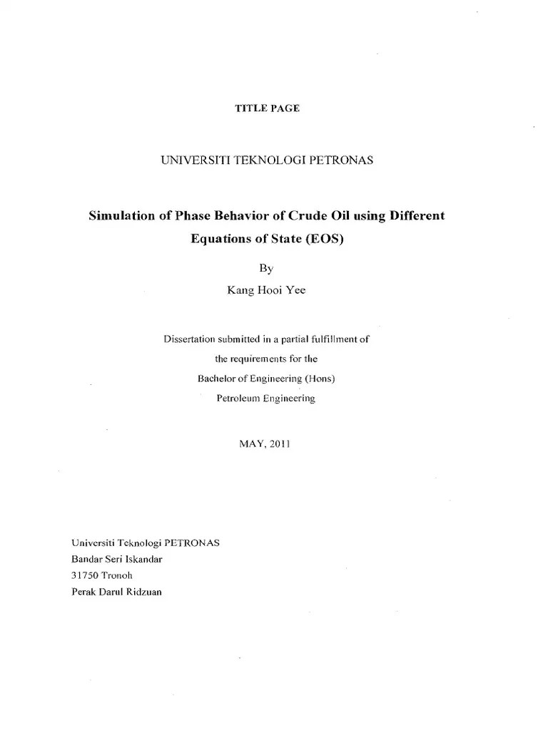 Simulation Of Phase Behavior Of Crude Oil Using Differen Equations Of ...