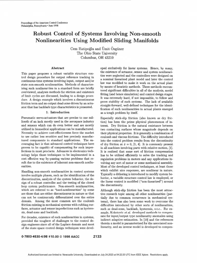 Robust Control Of Systems Involving Non-Smooth Nonlinearities Using ...