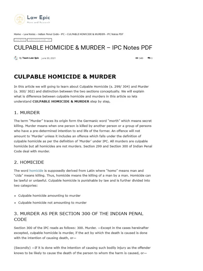 CULPABLE HOMICIDE & MURDER - IPC Notes PDF - Law Epic | PDF