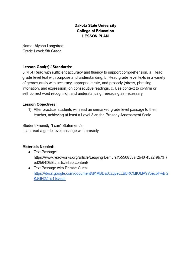 Eled 456 Fluency Multi-Day Lesson With Assessment Dsu Lesson Plan ...