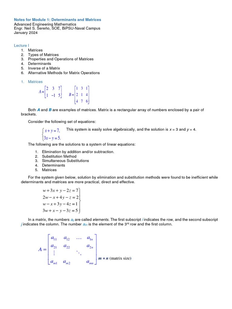 Notes 1 For Determinants And Matrices | PDF