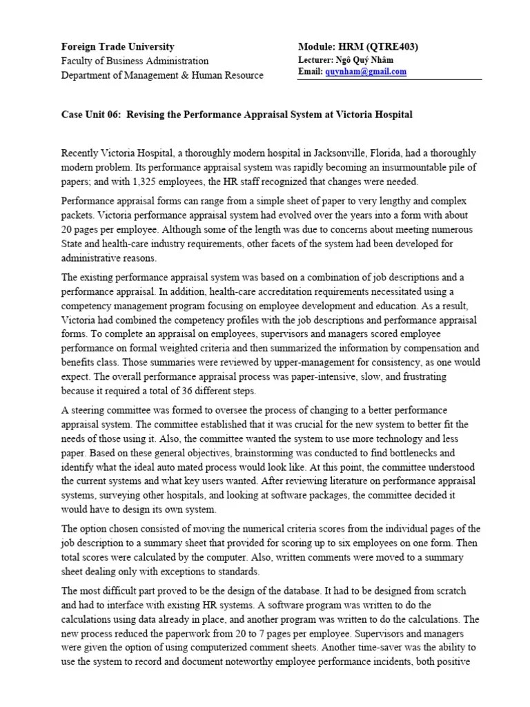 Case Unit 06 Revising The Performance Appraisal System At Victoria ...