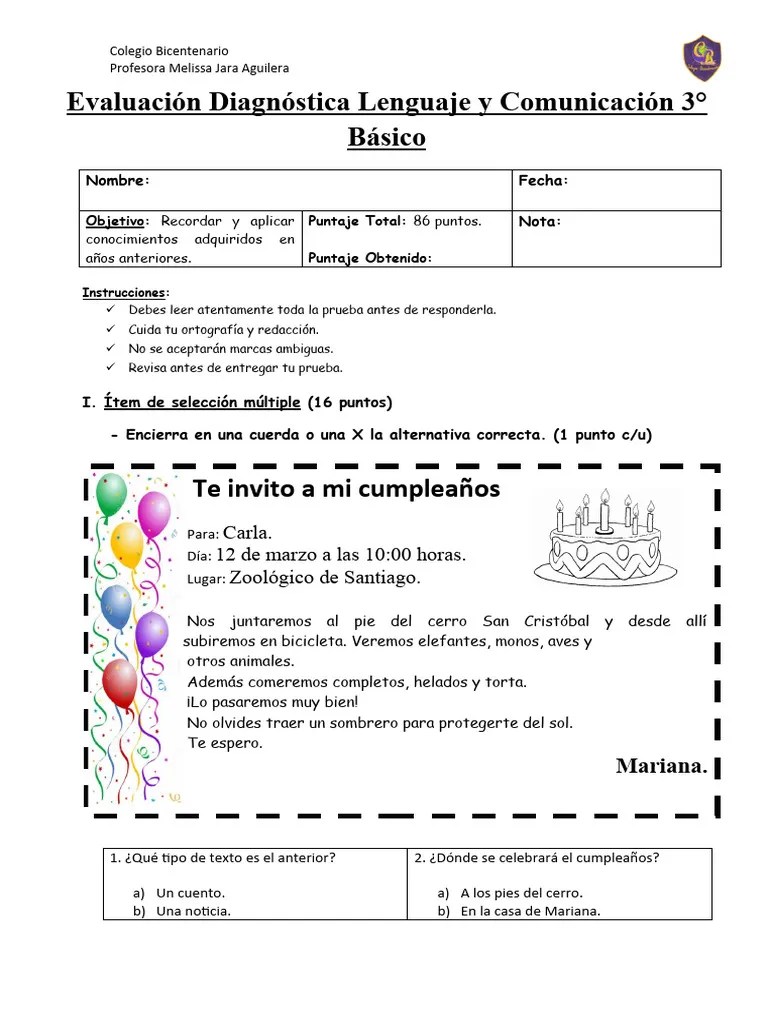 Evaluación Diagnóstica Lenguaje Y Comunicación 3 Básico | PDF