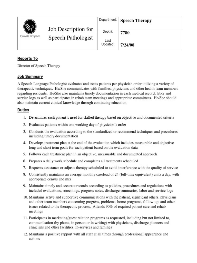 Speech Pathologist Job Description | PDF