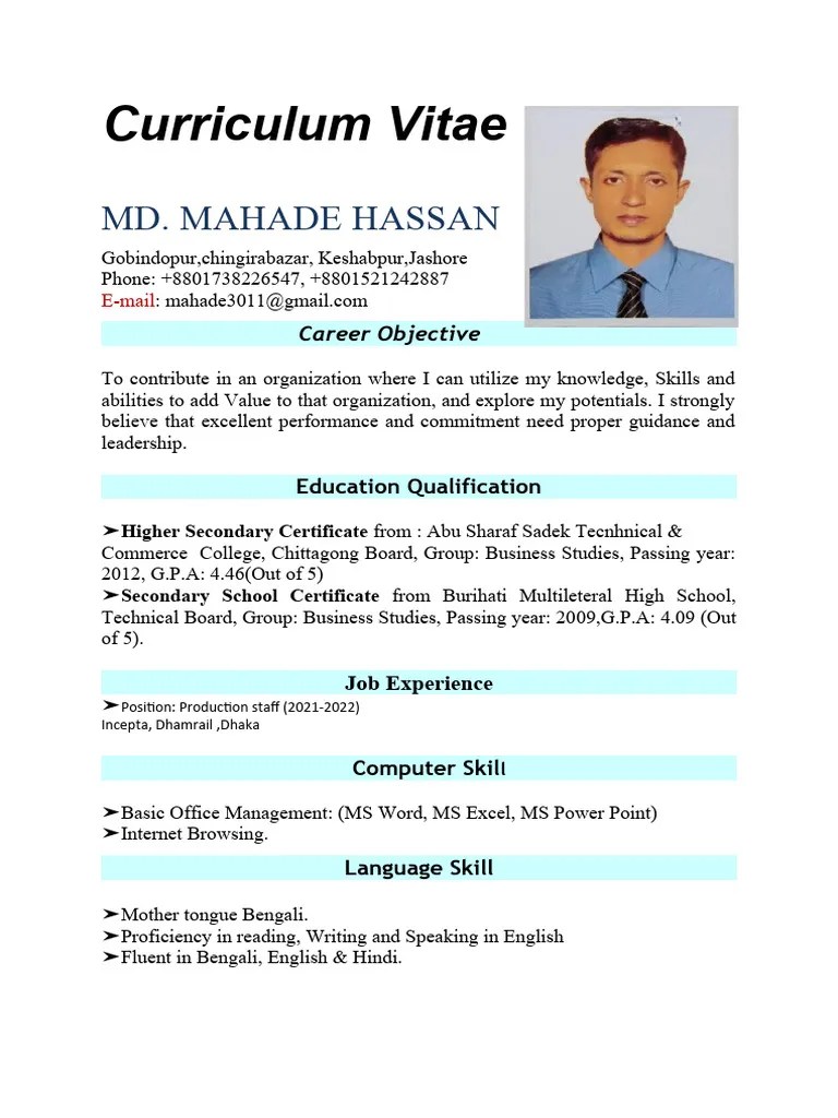 Mahade Hassan Cv Complete SSC,HSC | PDF