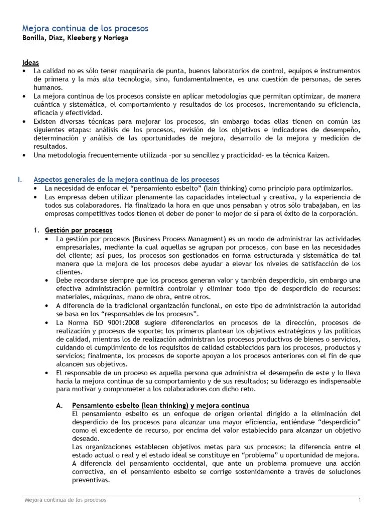 Mejora Continua De Los Procesos | PDF | Business | Lean Manufacturing