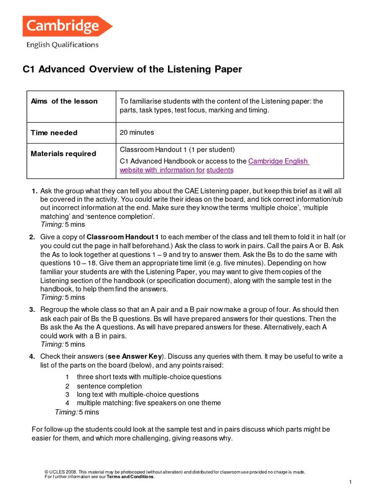 Cambridge English C1 Advanced Listening Overview | PDF | Multiple ...