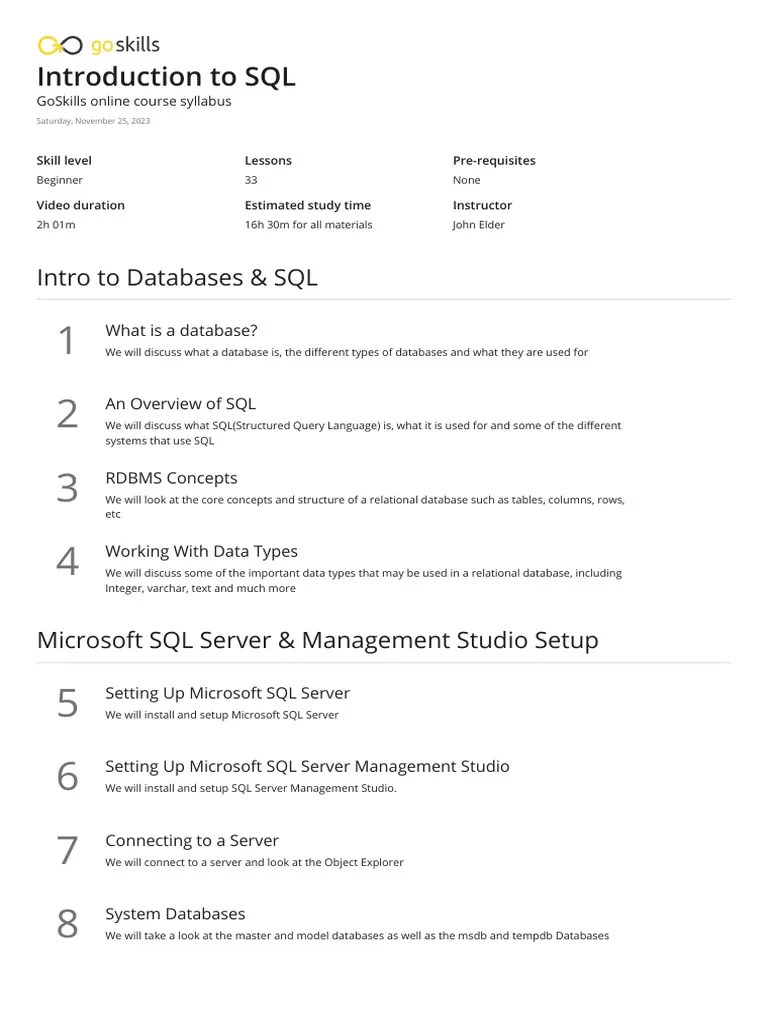 Introduction To SQL - GoSkills Course Syllabus | PDF | Relational ...