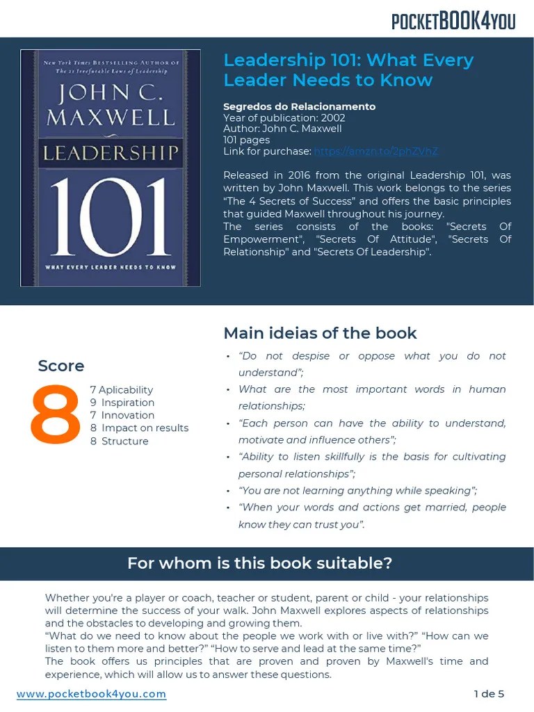 (ENG) Leadership 101 What Every Leader Needs To Know - John C. Maxwell (Summary) | PDF | Leadership