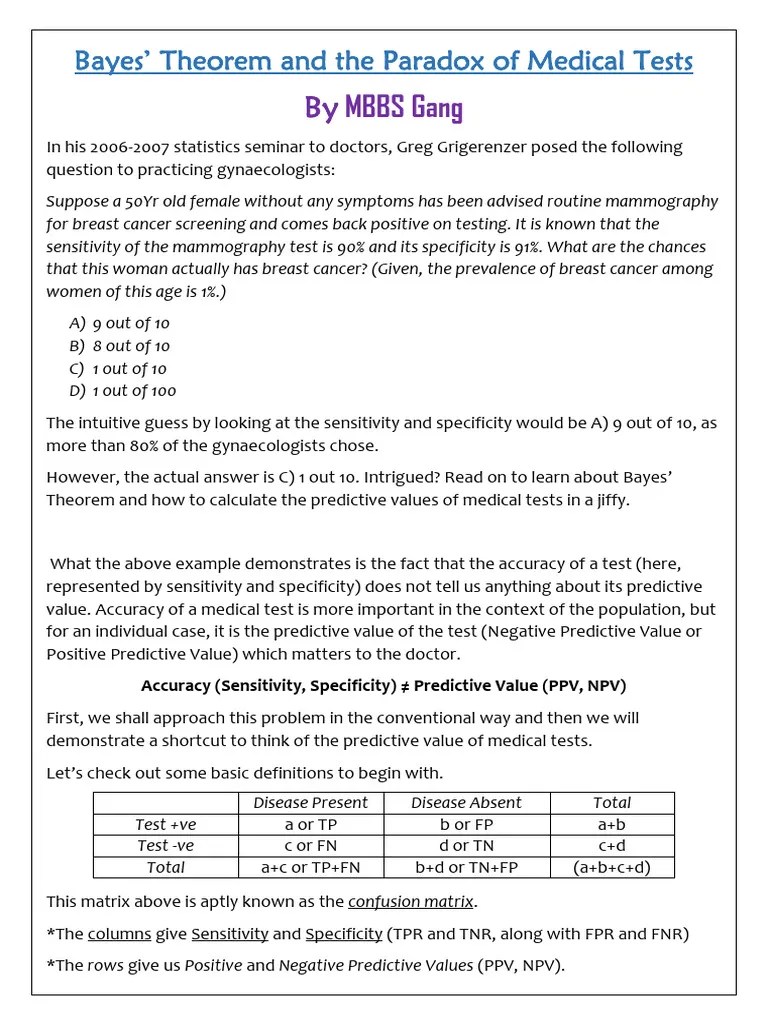 Bayes Theorem And The Paradox Of Medical Tests | PDF | Sensitivity And Specificity | Receiver ...