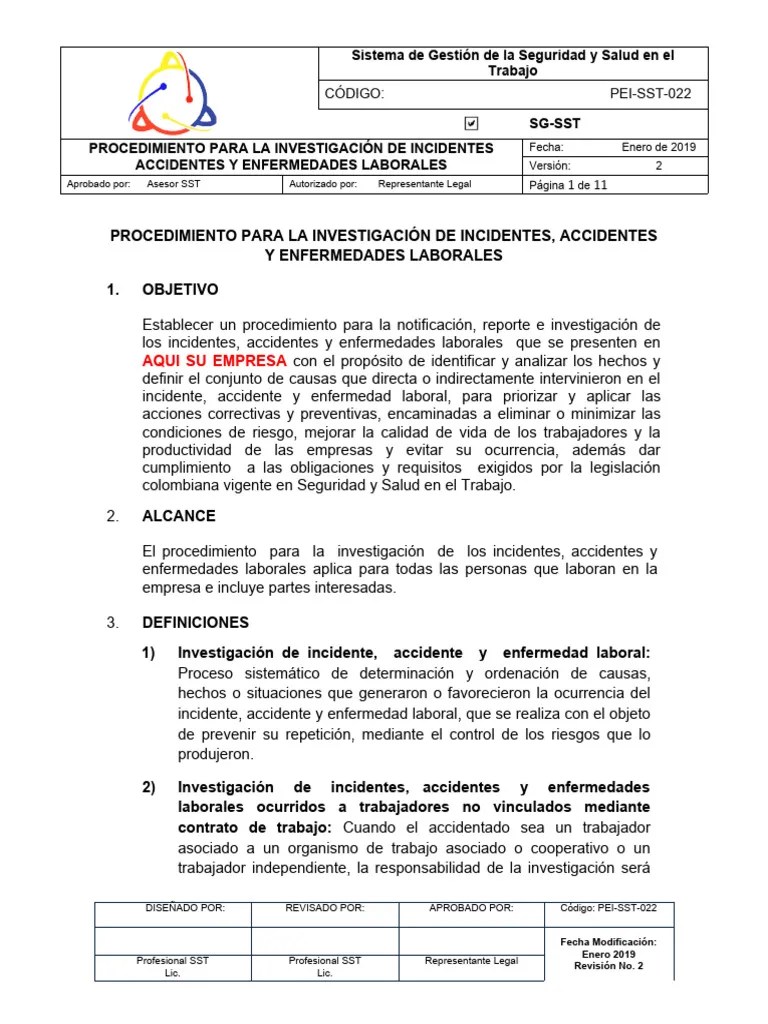 1 PEI SST 022 Procedimiento Para La Investigación De Incidentes Accidentes Y Enfermedades ...